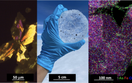 Die drei Bilder zeigen die Transformation eines Struvit-Kristalls, organische und mineralische Partikel in einem Gletscher-Eiskern sowie die Sequestrierung von Arsen in Rost5