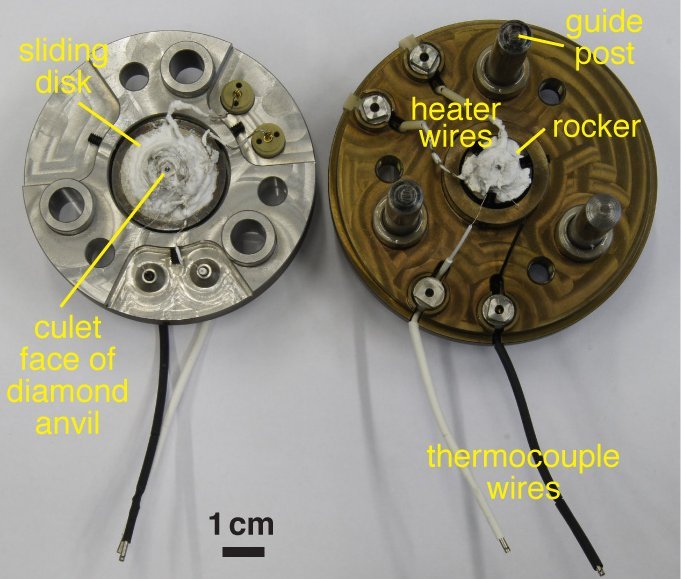 Ober- und Unter-Platte einer hydrothermalen Diamantstempelzelle.   