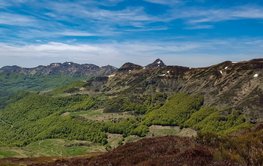 im Vordergrund grüne Wiesen und Wälder, im Hintergrund schroffere, braune Vulkankette, blauer Himmel mit Schleierwolken