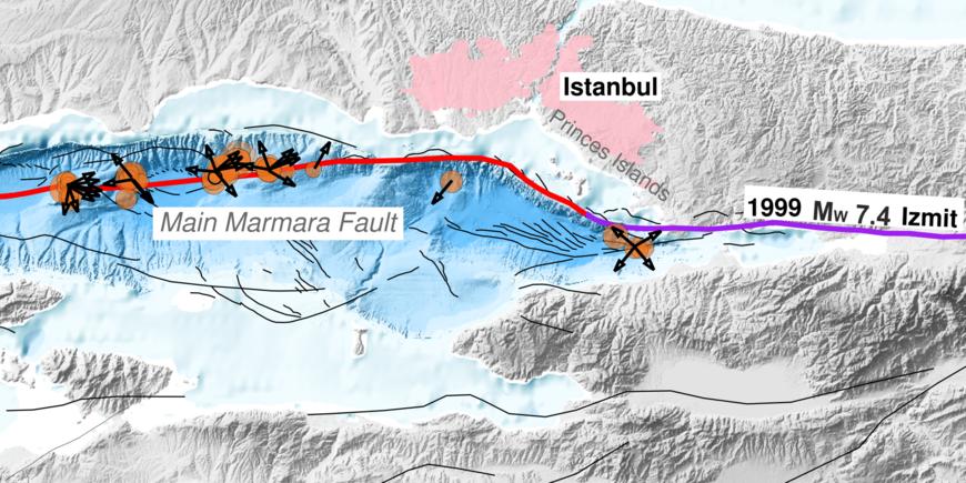 Landkarte der Region Marmara-Istanbul im östlichen Mittelmeer: Eingezeichnet sind Erdbebenherde und schwarze Pfeile in Ausbreitungsrichtung