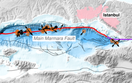 Map of the Marmara-Istanbul region in the eastern Mediterranean: earthquake foci and black arrows in the direction of propagation of the destructive seismic energy are shown – many of them point in the direction of Istanbul.