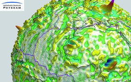 Dreidimensionale Darstellung des Magnetfeldsignales der Lithosphäre in 100 km Höhe. Besonders herausstechend ist die Kursk-Magnetfeldanomalie. Sie erzeugt das stärkste Signal in Satellitenhöhe und kann mit dem gleichnamigen Eisenerzlager in Russland in Verbindung gebracht werden. Prominent tritt auch die Bangui-Anomalie in Zentralafrika hervor, deren Herkunft noch ungeklärt ist (Abbildung: GFZ).