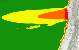 The map shows a section of the Chilean coast with colour-coded magnitudes