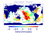 The difference in the decadal sea level trend between two different orbital models is shown. Maximum differences of up to 3 mm per year occur in a broad band from the central tropical North Pacific to the central subpolar South Pacific. High differences are also observed off the US East Coast, they have smaller spatial scales and range between -3 and 3 mm per year.