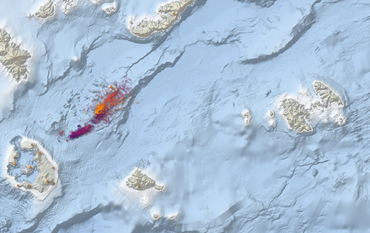 Map of the Mediterranean Sea with islands and numerous dots symbolising earthquakes.