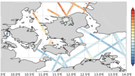 High-rate water level anomalies along 12 satellite tracks are shown in the area of the western Baltic Sea and the Belt Sea. The values range from -40 cm in the southeast off the German coast and +40 cm in the Kattegat north of the Danish island of Zealand.