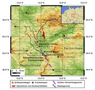 Lage der vulkanischen Strukturen, Schlackenkegel (gelbe Rauten) und Trockenmaare (blaue Rauten), entlang der Tachov-Verwerfungszone an der Deutsch-Tschechischen Grenze mit dem neu entdeckten Trockenmaar bei Neualbenreuth (untere blaue Raute).