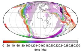 The figure shows the Earth's subduction rate in colour