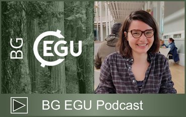 Left: Logo of the new podcast from the EGU Biogeosciences Section. Right: Portrait photo of a young woman with shoulder-length dark hair, dark glasses and a checked blouse. She is smiling.
