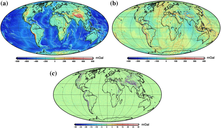 Diese Abbildung zeigt die in der Bildunterschrift genannten verschiedenen Darstellungen der Schwerestörung in drei Weltkarten: Oben links für das topographischem Schwerefeldmodell ROLI_EllApprox_SphN_3660_ plusGRS80, oben rechts für das kombinierte Schwerefeldmodell EIGEN-6C4, das ergänzt durch ROLI_EllApprox_SphN_3660 wurde und darunter in der Mitte die Unterschiede zwischen EIGEN-6C4 und dem durch ROLI_EllApprox_SphN_3660 ergänzten EIGEN-6C4. Diese Weltkarte unten in der Mitte zeigt, dass die Vorwärtsmodellierung insbesondere in den Regionen hoher Gebirge einen deutlichen Beitrag zur Schwerefeldmodellierung liefert.