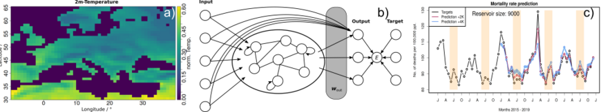 Ergebnisse von Klimamodellen der Periode 2015-2019, z.B. Temperaturverteilungen (a), werden in künstlichen neuronalen Netzen (b) genutzt, um Vorhersagen zu sozio-ökonomischen Parametern in der Zukunft zu machen. Panel (c) zeigt die im Zeitraum 2015-2019 beobachteten Mortalitätsraten (monatliche Todelfälle pro 100.000 Einwohner) in schwarz und die Vorhersagen basierend auf Klimamodellierungen in einem wärmeren Szenario (rot und blau).