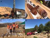 A) Drill truck in the arid study site Parque Nacional Pan de Azúcar. B) Drill core with major iron oxidation (all photos L. Krone). C) GFZ Drill team members A. Kitte, L. Krone, L. Ganzert and F. von Blanckenburg (Photo: F. Hampl). D) Drill truck in the humid study site Parque Nacional Nahuelbuta.