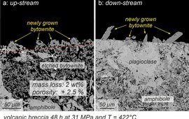 Dünnschliffaufnahmen zur Untersuchung von Fluid-Gesteinswechselwirkungen während eines Durchströmungsexperiments unter superkritischen Bedingungen.