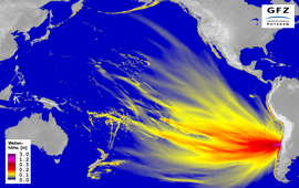 The map marks the wave heights in colour