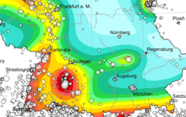 [Translate to English:] Kartenausschnitt Süddeutschland mit farblich markierten Erbebenzonen