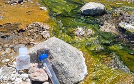 Heiße Quelle und Fluidproben, die während einer Exkursion in Tansania im September 2022 entnommen wurden, um den Gehalt an kritischen Rohstoffen in den alkalischen geothermischen Fluiden zu charakterisieren.