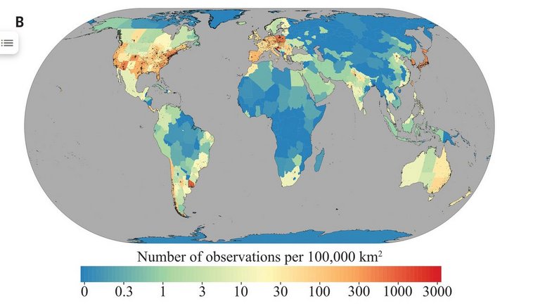 World map, countries coloured according to the number of observations, few observations on the African continent and in the north of Asia, many observations in Europe and in the south of the USA