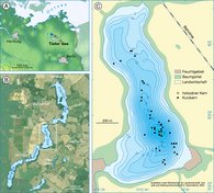 Lage des Tiefen Sees innerhalb der Klocksiner Seenkette und Bohrpunkte