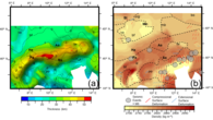 a) Thickness of the crust across the modelled area overlain with vertical displacement rates (Sternai et al., 2019). b) Average density of the crust across the modelled area overlain with geodetically derived horizontal surface strain distribution (Sánchez et al., 2018) and seismic events of a moment magnitude larger than 6 (Fäh et al., 2011; Stucchi et al., 2012; Grünthal et al., 2013). From Spooner et al. (2019)