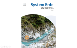 Cover of the new issue of System Earth; above GFZ logo and title "System Erde" in blue, below "GFZ-Journal" in black; below image of light blue river flowing through a stony landscape, text: "Resource, Regulator, Risk: Water in System Earth".