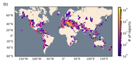 A worldmap colourfully shows the locations from which people submitted felt reports of earthquakes to the LastQuake database from 2014-2021.