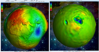 This image consists of two parts. The left-hand side shows the shape of the gravitational potential (so-called geoid height) of one of the latest high-resolution combined global gravity field models as a three-dimensional sphere floating in space. This sphere has bulges in all directions and its shape looks like a potato. The sphere is rotated so that Africa and the Indian Ocean are in the centre of the image. Above the oceans, the area shown corresponds to the surface of the water. In the Indian Ocean, for example, there is a depression about 100 metres deep and a bulge about 90 metres high over the North Atlantic.  The right-hand side shows - also depicted as a three-dimensional, bulged sphere - the temporal variation of the gravitational potential over time expressed as equivalent water height, based on monthly GRACE gravity field models. The sphere floats in space and has North America and the North Pole region facing the observer. The sphere has a large indentation over Greenland. It represents the loss of gravity caused by the melting of the glaciers there. Over Canada there is a bulge, caused by the post-glacial land uplift still taking place there.