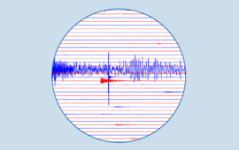 Seismogram in einem runden Kreisausschnitt (Zackenlinien, die ausschlagen bei Erdbeben))