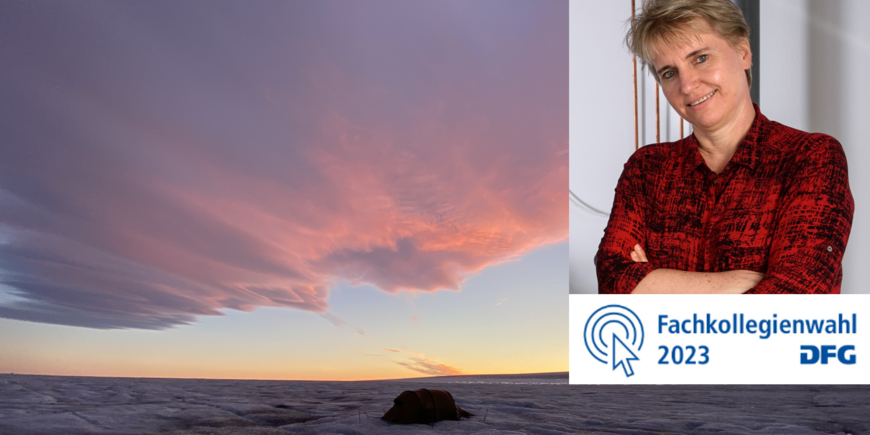 Right: Liane Benning in a red and black patterned shirt, background: small red tent on a wide ice sheet at sunrise or sunset, pink clouds