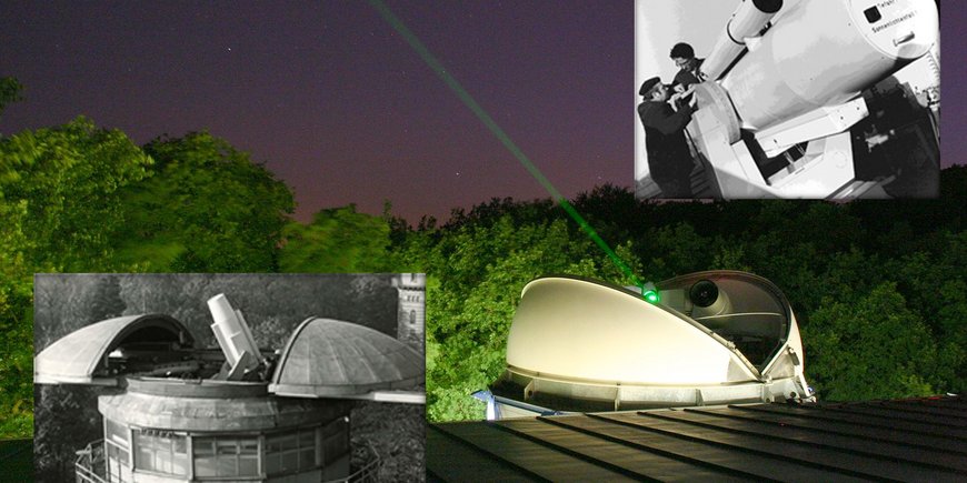 Telescope-shaped laser apparatus on the roofs of various observatories on the Telegrafenberg.