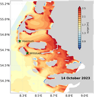 Shown are SWOT measurements of the wind surge in the area of the North Frisian Islands during a storm surge. Maximum values of 2.50 m occur directly on the coast; seaward of the islands, the wind surge is around 1.50 m. Small-scale variations can be observed between the islands and the coast.