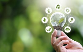 Light bulb with sustainability symbols around it