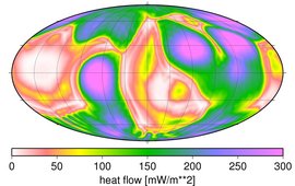 The illustration shows the heat flow of the earth in colour