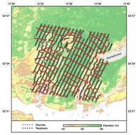 Location map with distribution of seismic sources and receivers of 3D seismic experiment.