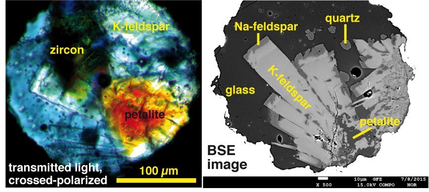 Kristallisation einer haplogranitischen Schmelze mit Li2O, B2O3 und H2O in der Probenkammer einer hydrothermalen Diamantstempelzelle. Probe nach 113 Stunden bei 600°C, 180 MPa und 72 Stunden bei 550°C und 150 MPa.