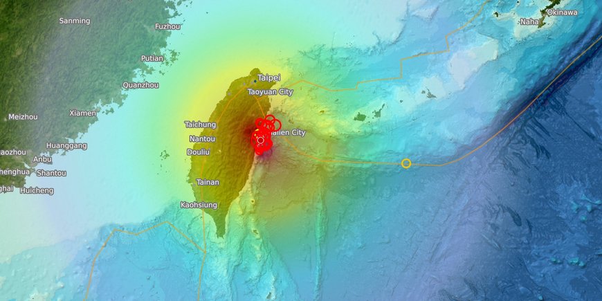 Colored representation of earthquake intensity on a map of the Taiwan region.