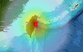 Colored representation of earthquake intensity on a map of the Taiwan region.