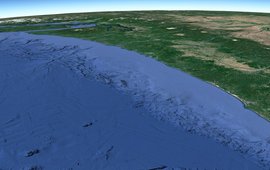 Topographical representation of a strip on the North American west coast with sea and land areas: southern Canada and northern USA.