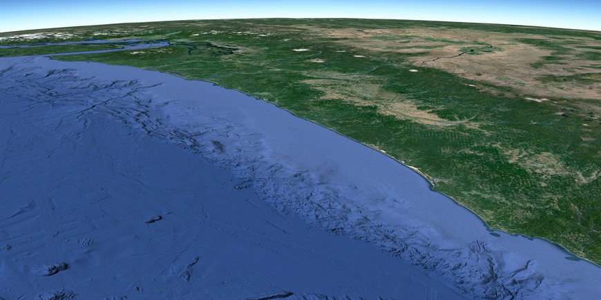 Topographical representation of a strip on the North American west coast with sea and land areas: southern Canada and northern USA.