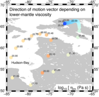 Illustration of the direction of motion of the earth figure caused by the GIA with respect to the center of mass for different earth structures, here the viscosity of the lower mantle is varied.