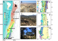Fig 1. Standorte und Merkmale der Feldgebiete. A) Karte des Niederschlags- und Vegetationsgradienten in Chile, die den mittleren Jahresniederschlag (MAP) zeigt, mit Feldgebieten, die durch rote Sterne markiert sind. Fotografien einer typischen Landschaft in B) Santa Gracia, C) La Campana und D) Nahuelbuta. E, F und G) Vereinfachte geologische Karten mit den wichtigsten geologischen Einheiten und Störungen.