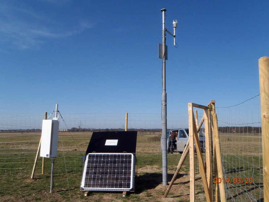 GNSS infrastructure at TRFS. The box contains all parts of the power supply, as well was data recording and communication. Hydrological sensors (shown left) are connected to the power supply and data communication.