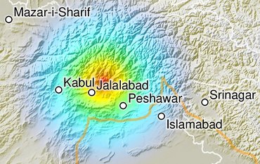 A map of the region with rainbow colors symbolizing the intensity of the earthquake in the region.