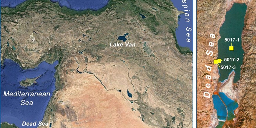 Lage Totes Meer und Van See (links) sowie Standorte der Sedimentkerne des ICDP-Bohrprojekts DSDDP (Totes Meer)