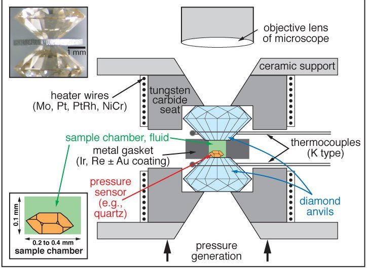 Schematische Zeichnung (nicht maßstäblich) des Innenaufbaus einer hydrothermalen Diamantstempelzelle.   