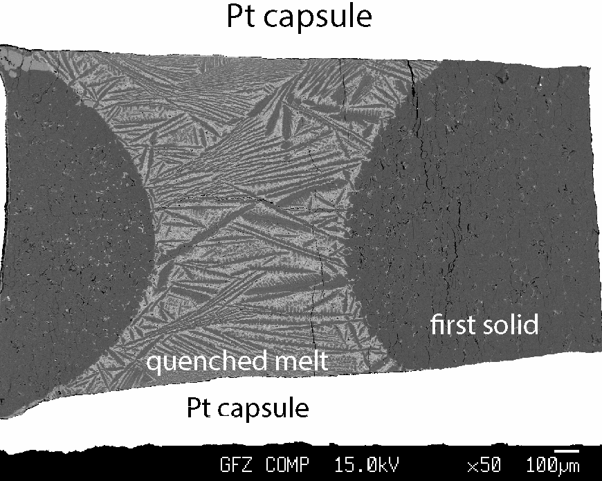 BSE picture of a cross-section of the recovered capsule (Pt- white color in the picture) with sample (inside) of the experiment MA490.