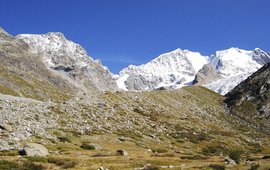 The photo shows a mountain landscape with a stream in which milky water flows