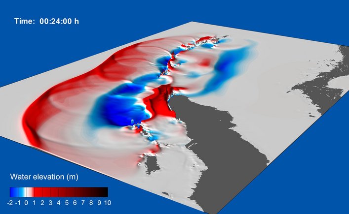 Dieses Bild zeigt die Modellierung eines Tsunamis.