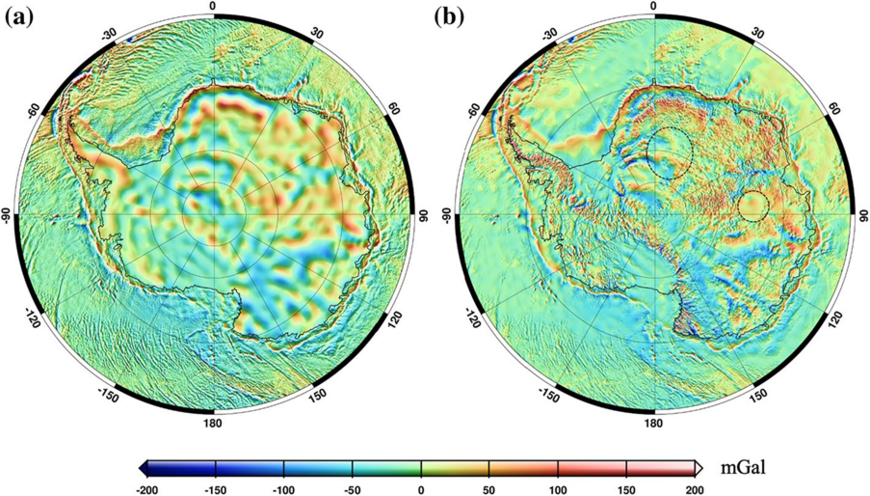 Diese Abbildung zeigt zwei kreisförmige Landkarten der Antarktis einschließlich der angrenzenden Ozeane. Der Südpol liegt jeweils genau in der Mitte. Beide Landkarten zeigen eine reliefartige Darstellung der Schwereanomalie für zwei Schwerefeldmodelle, links für EIGEN-6C4 und rechts für GOCE-DIR6, was durch ein topographisches Schwerefeldmodell bis Grad und Ordnung 3660 erweitert ist. Im Bild auf der linken Seite sind die Schwereanomalien auf dem antarktischen Kontinent nur sehr schwach strukturiert und demzufolge räumlich nur gering aufgelöst. Dagegen zeigt das Bild auf der rechten Seite dort feinstrukturierte, hochaufgelöste Strukturen, die mit den unter dem Eisschild verborgenen Gebirgen korrespondieren. Diese höhere räumliche Auflösung über Land stellt den Beitrag der Vorwärtsmodellierung dar.