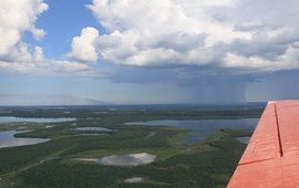 Auf dem Foto sieht man Wälder und Seen aus einem Flugzeug heraus fotografiert