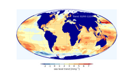 [Translate to English:] Dargestellt ist die räumliche Verteilung des Meerespiegeltrends auf einer Weltkarte. Regional bewegt sich der Trend zwischen -2 und 6 mm pro Jahr. Fast überall steigt der Meeresspiegel an, Ausnahmen sind eine Region zwischen 100° und 170° West im Bereich des Antarktischen Zirkumpolarstroms und eine kleine Region vor der Japanischen Küste im Bereich des Kuroshio-Stroms. Besonders hohe Werte sind im subpolaren Nord-Pazifik, im subpolaren Südatlantik, in Ozeanien, im Süd-Indik und vor der Ostküste Nordamerikas zu beobachten.